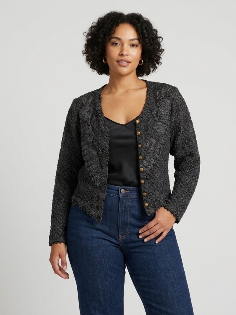 Vintage Classic Textured Dark Gray Button-Front Women's Sweater